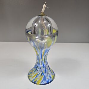 Adam Jablonski Crystal Oil Lamp Rainbow Art Glass Paperweight Blue Yellow Clear